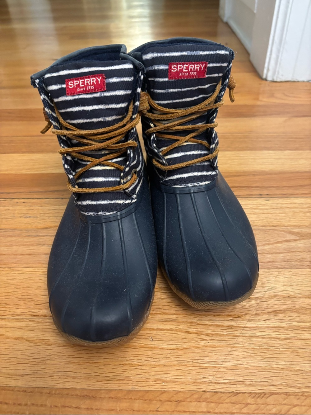 Sperry Navy & White Striped Duck Boots